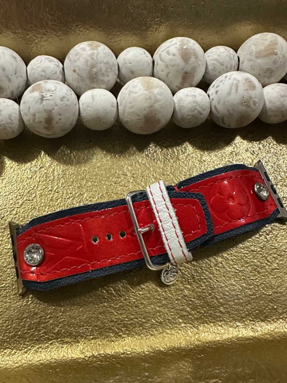 Red and Navy Leather Watch Strap with White Accent. Size 1